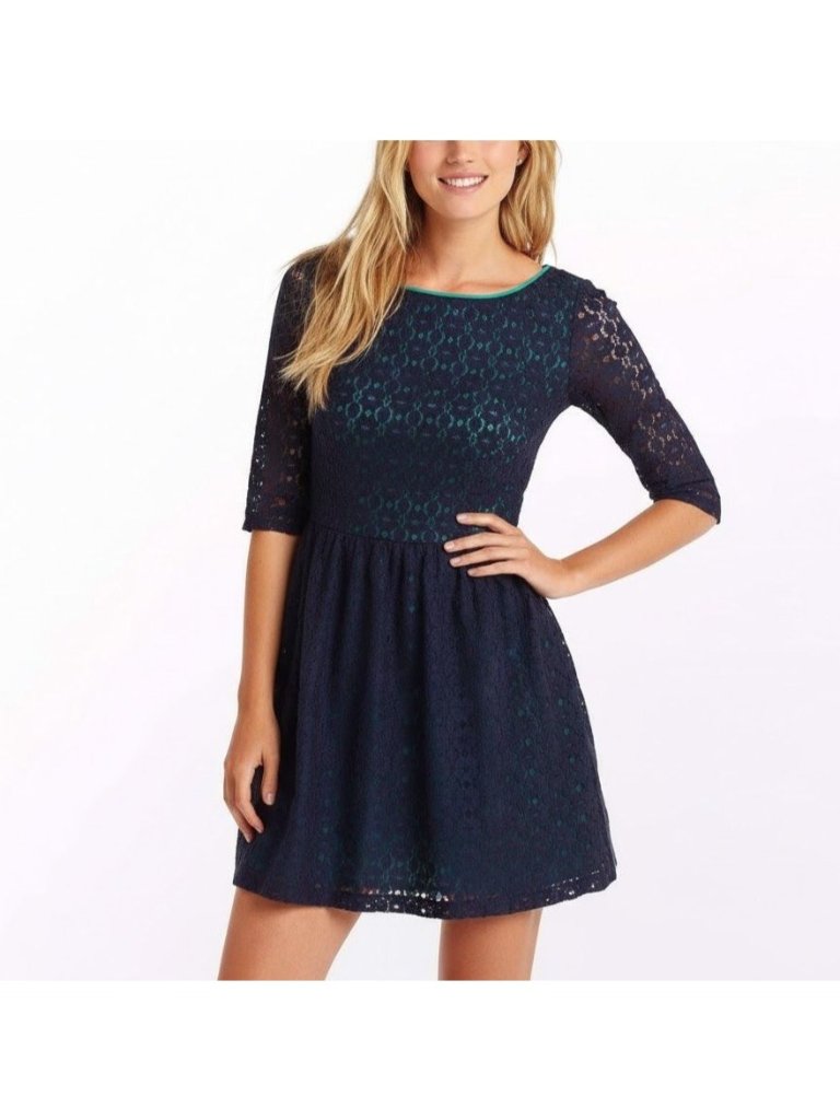 Lilly Pulitzer Size 0 Navy Blue & Green Alicia Fit & Flare Lace 3/4 Sleeve Dress